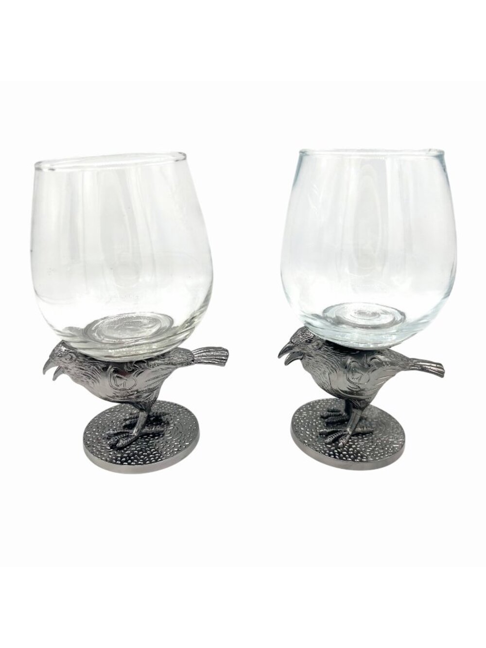 NWT 2 SET TEXTURED DK SILVER METAL RAVEN WINE GLASSES HALLOWEEN EDGAR ALLAN POE